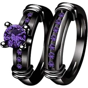 Bridal Sets Black Gold Plated Womens Wedding Bands Blue Cz Engagement Ring Sets (9, Purple)