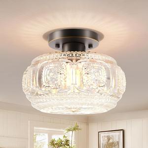 Semi Flush Mount Ceiling Light, Globe Glass Ceiling Light Fixture, Oil Rubbed Bronze with Gold Trim Modern Lighting for Hallway Bedroom Entryway Kitchen Porch, Bulb Not Included