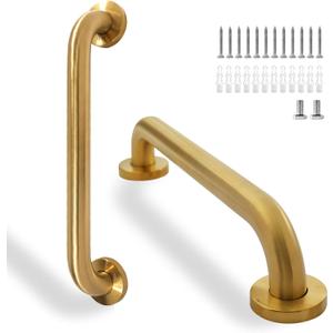 Rackickyer Shower Grab Bar, 2 Pack 16 Inch Gold Bathroom Safety Bar, 1.25" Diameter 304 Stainless Steel Grab Bars for Bathtubs and Showers, Handicap Shower Grab Bar for Seniors Elderly