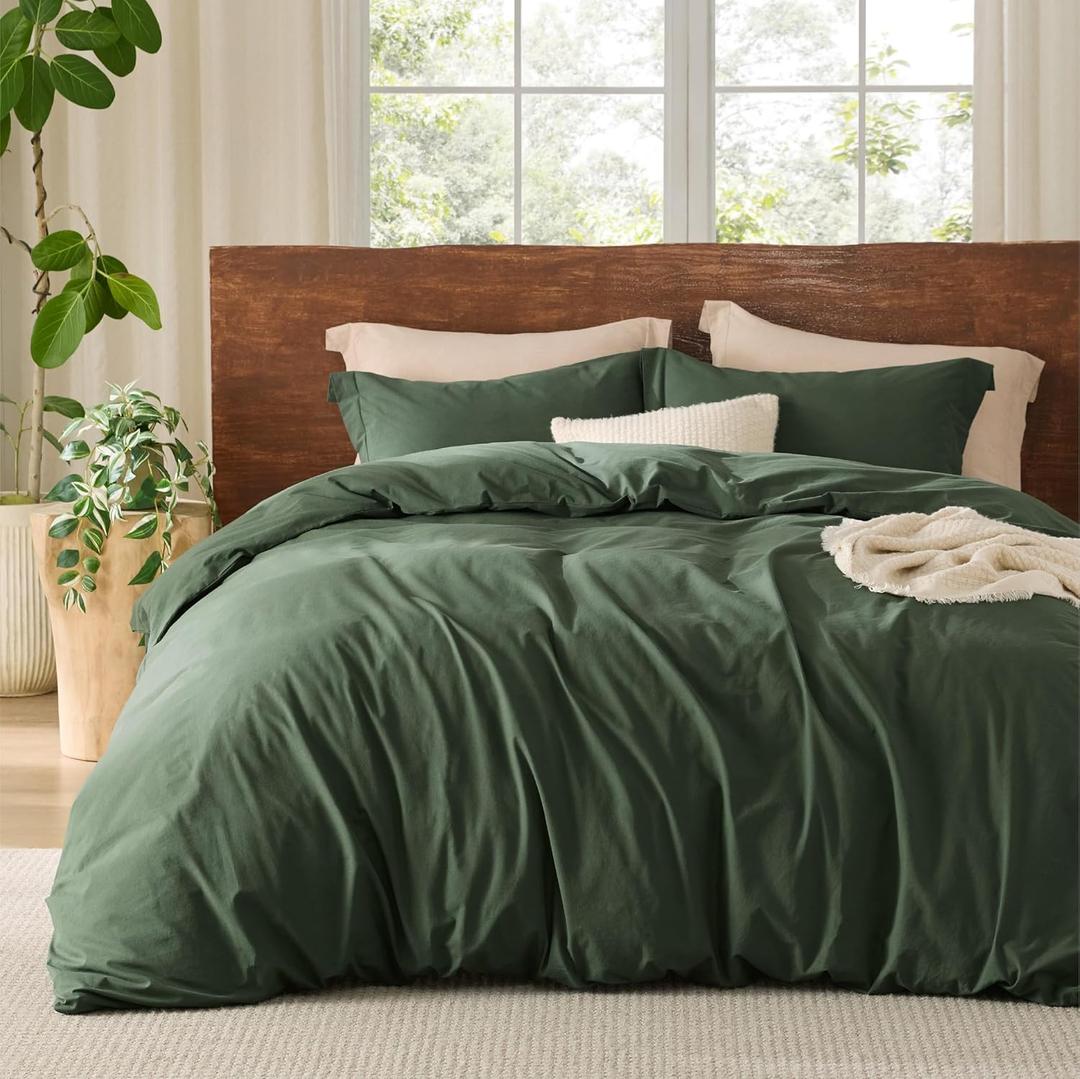 Bedsure 100% Washed Cotton Duvet Cover King Size - Olive Green Minimalist Cotton Duvet Cover Linen Like for All Seasons - GentleSoft Plain Simple Bedding, 3 Pieces (Olive Green, King, 104"x90")