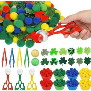LXZNRQU 235 Pcs St. Patrick's Day Sensory Bin Kit - 8 Sorting Bowls, 7 Tools, 100 Shamrocks, 100 Poms, 20 Gold Coins - Fine Motor Skills, Color Sorting & Counting Activity for Classroom & Party