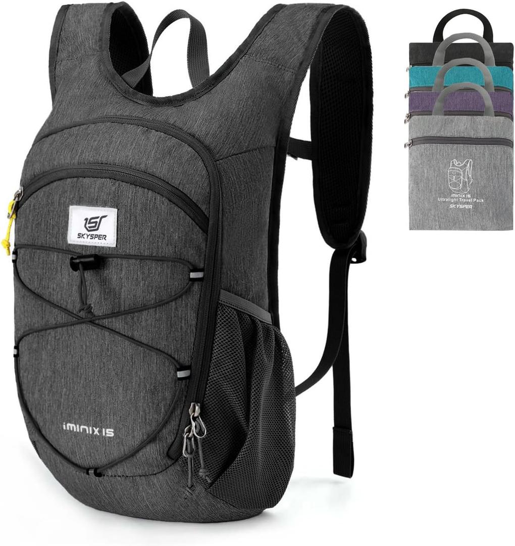 SKYSPER 15L Foldable Hiking Backpack Lightweight Packable Travel Daypack with Chest Strap Small Folding Pack for Walking (Black)