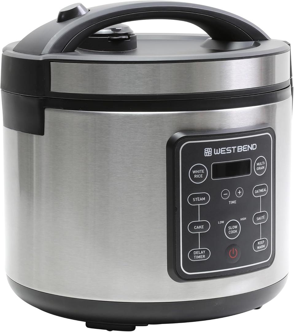 West Bend Rice & Grain Multi Cooker Programmable with 9 Preset Functions, Features Delay Start and Keep Warm Functions and Steam Basket, 20 Cups Cooked (10 cups uncooked), Stainless Steel