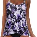 SUUKSESS Women Ruffle High Waisted Tankini Swimsuit Tummy Control Bathing Suit, 
(Purple Floral, L)