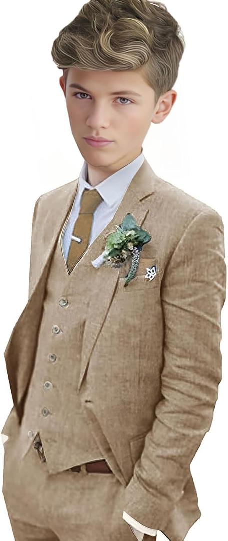 Boys Linen Suit Boys Tuxedo Slim Fit 3 Piece Summer Suit Kids Linen Suit Jacket Vest Pant (8 Years, Khaki)