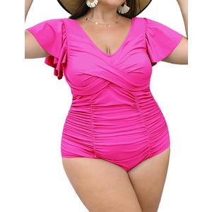 Women Plus Size Swim Romper Swimsuits One Piece Swim Suit Modest Tummy Control Ruffle Sleeves Bathing Suits (3X-Large, Fuchsia)