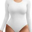 YOGINGO Long Sleeve Bodysuit for Women Crew Round Neck Basic Women Clothing Body Suit Tops Leotards for Women's Jumpsuit (X-Large, White)