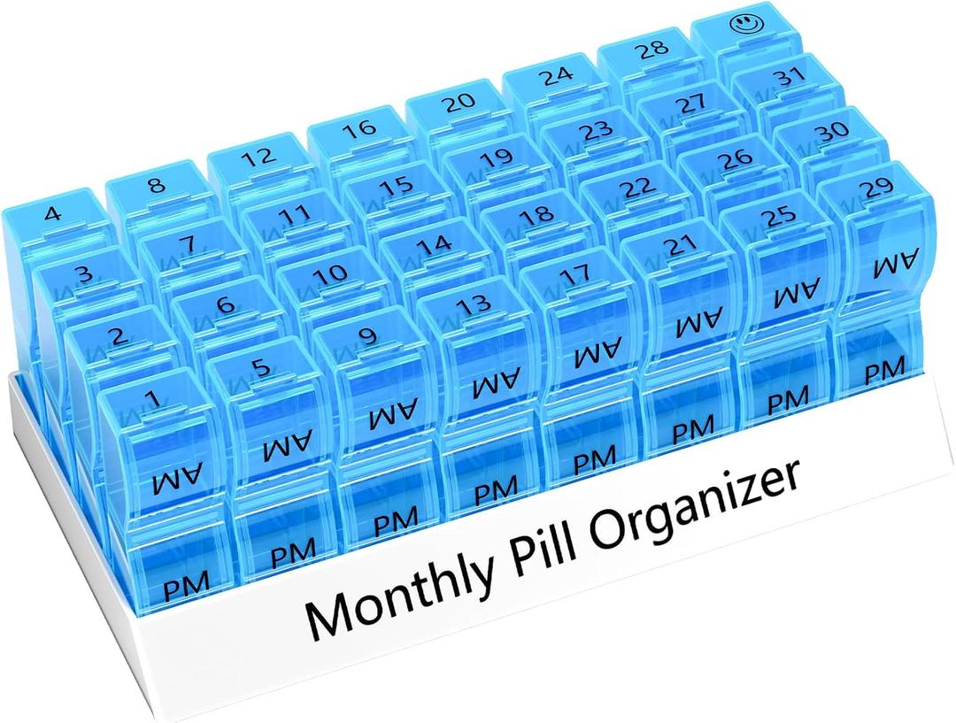 Monthly Pill Organizer 2 Times a Day, 30 Day Pill Box Organizer, One Month AM PM Pill Case Small Compartments to Hold Vitamin and 31 Day Travel Medicine Organizer, 4 Week Pill Cases (Blue)