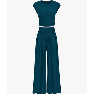 PRETTYGARDEN Women's Summer 2 Piece Outfits 2025 Cap Sleeve Ruched Slim T Shirt Ribbed Knit Wide Leg Pant Sets Tracksuit, Size L