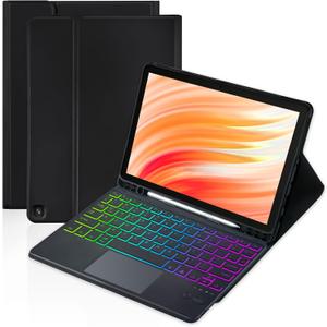 Trackpad Keyboard Case for Amazon Fire HD 10/10 Plus 10.1 inch 2021/2023(11/13th Generation),7-Color Backlight Rechargeable Keyboard with Kids Multi-Angle Cover for Tablet (Black)