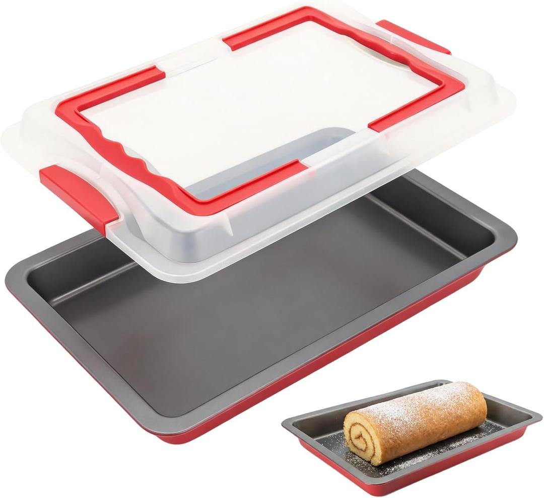 Jelly Roll Pan with Lid, 10 x 15 Inch Nonstick Jelly Roll Pan, Carbon Steel Baking Sheet, with Foldable Handle and Secure Side Lock, for Baking and Fridge Storage, Ideal for Home and Party
