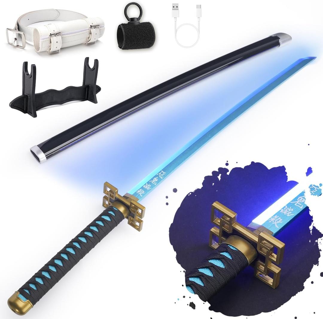 RENGENG Light Up Muichiro Sword, 40 Inches Rechargeable Plastic Anime Replica with Belt & Stand, Original Texture Anime Sword