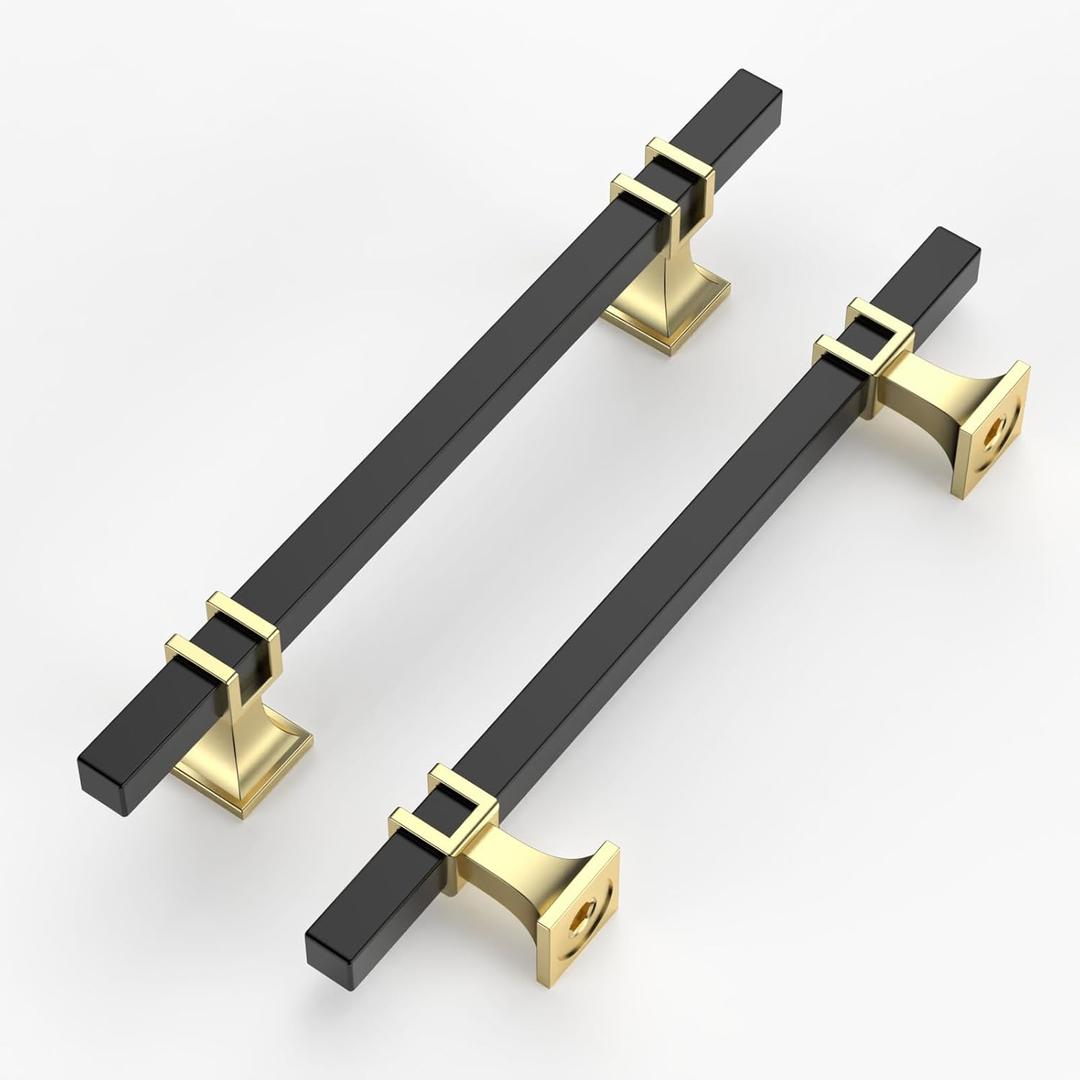10 Pack 5 Inch(128mm) Cabinet Pull Black and Gold Kitchen Cabinets Handles Matte Black Drawer pulls for Cupboard Square Black Handles for Cabinets (5" Hole Center(128mm), Black & Gold)