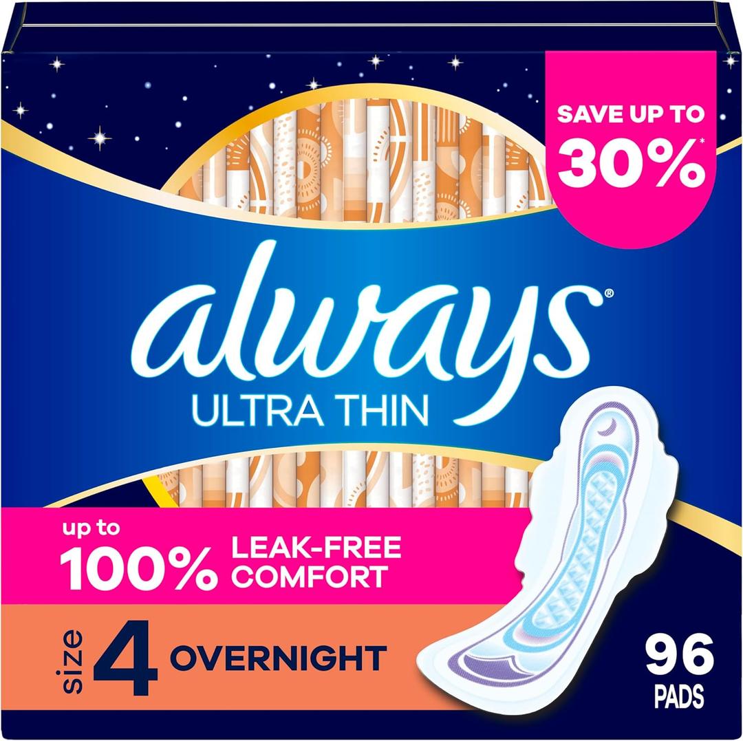 Always Ultra Thin Overnight Pads with Wings, Size 4, Overnight, 96 Count (3 Packs of 32)