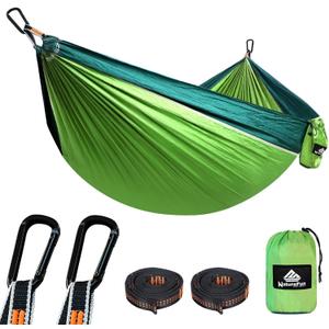 NATUREFUN Ultra-Light Travel Camping Hammock | 300kg Load Capacity,Breathable,Quick-Drying | 2 x Premium Carabiners,2 x Nylon Slings Included | Outdoor Indoor Garden (Light Green/Dark Green)
