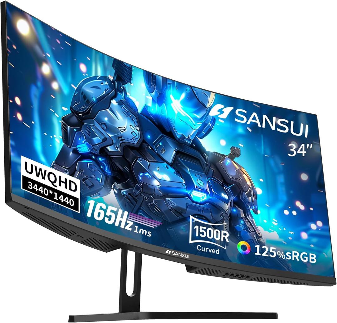 SANSUI 34-Inch Curved Gaming Monitor UWQHD 3440 x 1440 Up to 165Hz Curved 1500R - PIP/PBP, 1ms(MPRT), HDR, 300nits, sRGB 125%, DCI-P3 95%,FreeSync,HDMIx2,DP1.4 x2 (DP Cable Included)