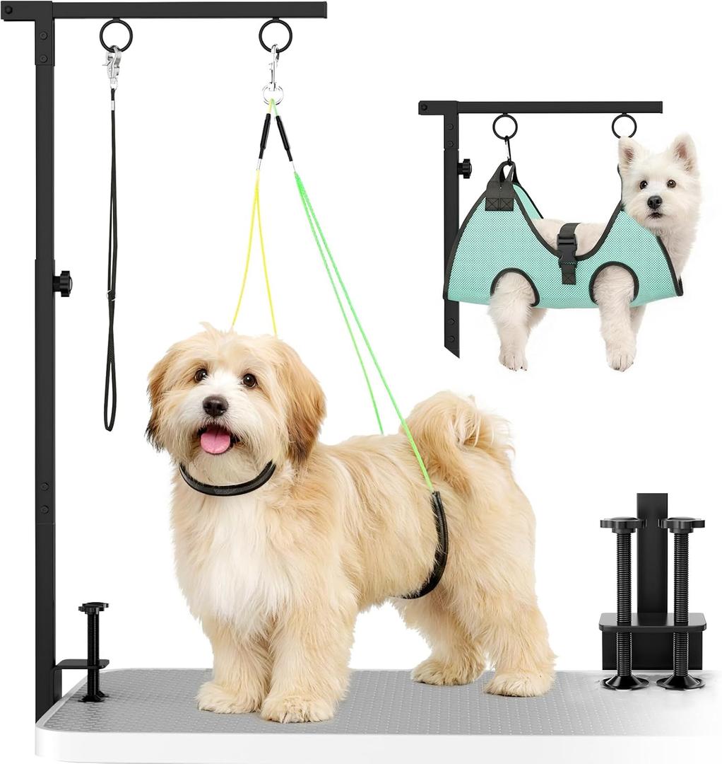 Dog Grooming Table Arm, 31.5"-43.3" Adjustable Pet Stand with Hammock & Clips  3-in-1 Grooming Kit for Nail Trimming, Haircut & Drying, Home Supplies for Small Dogs
