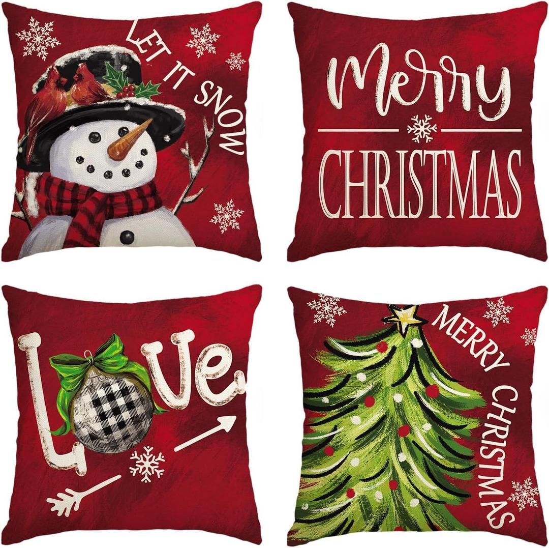 AVOIN colorlife Merry Christmas Let It Snow Love Snowman Red Throw Pillow Covers, 16 x 16 Inch Xmas Tree Holiday Cushion Case Decoration for Sofa Couch Set of 4