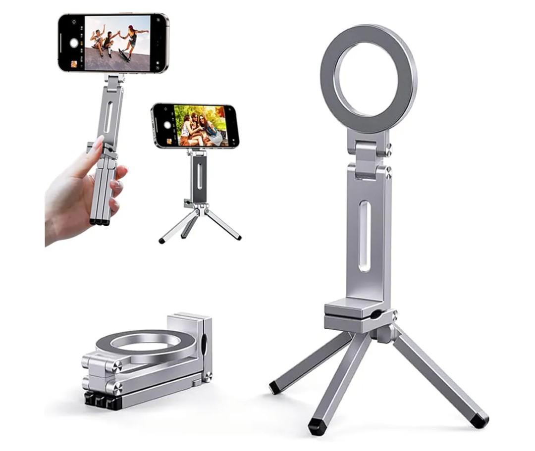 Magnetic Tripod for iPhone 17/16/15/14 Pro Max Air, Aluminum 360° Rotating Phone Stand with Magic Clip for Desk & Gym, Foldable Portable Vlog Gear for Travel, 1/4" Screw, 2 Metal Rings