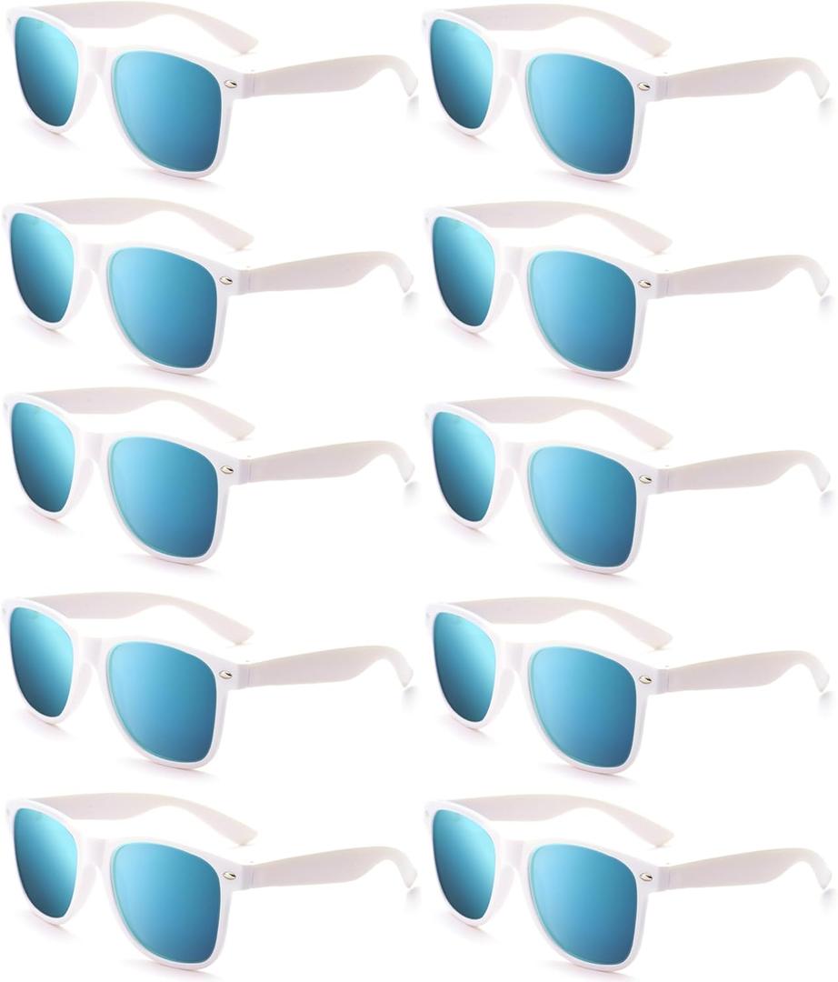 Fsmiling White Sunglasses Bulk Adult Party Sunglasses 80s Shades Pack for Men Women UV400 Protection-10Pack (White Frame Blue Mirrored Lens)