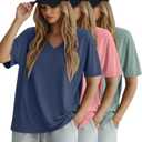 Huukeay 3 Pack Women's Oversized Cotton T-Shirts V Neck Loose Fit Casual Workout Tees Soft Short Sleeve Tops (L)