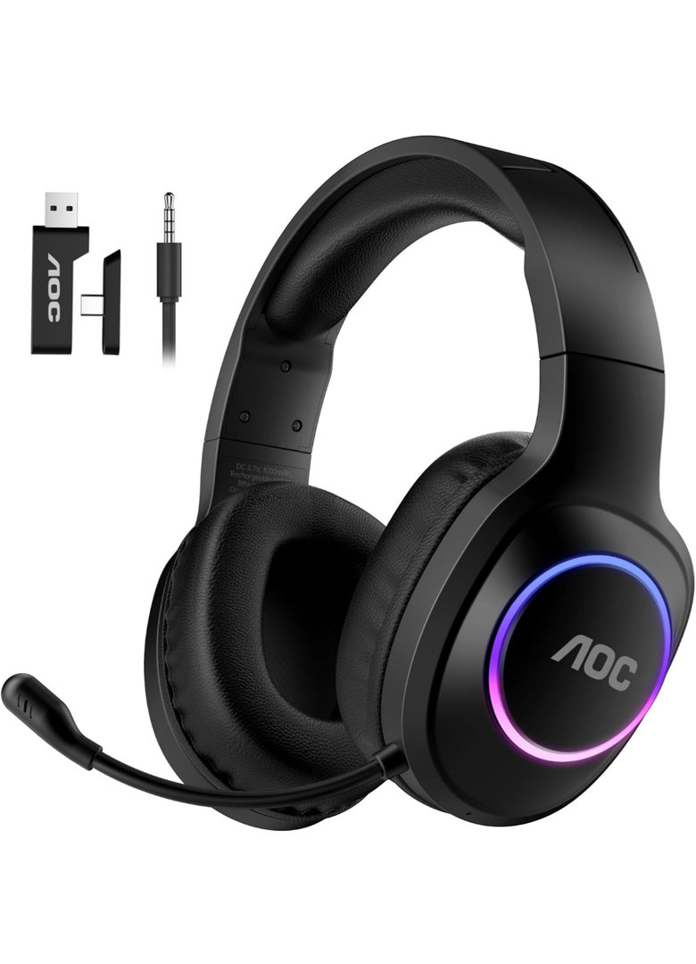 AOC Wireless Gaming Headset Compatible with PS5/4, Nintendo Switch, PC, Bluetooth 5.4 & 2.4GHz Gaming Headphones with Noise Canceling Mic, RGB, Type-C, 20ms Latency, 45H, 7.1 Virtual Surround- Black
