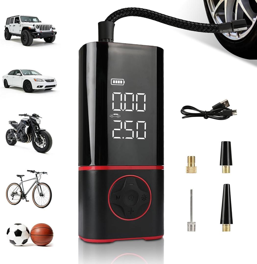KITLUCK Portable Air Compressor, Tire Inflator with Digital Gauge, 2000mAh Rechargeable Battery, 150 PS, for Car Tires, Bike, Motorcycle, Balls, Air Mattress, Includes LED Light & Multiple Nozzles