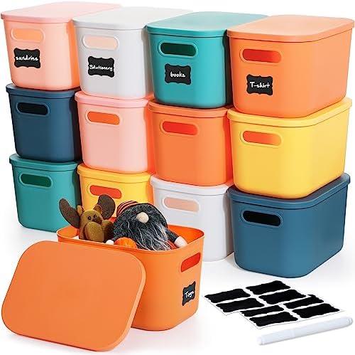 Thyle 12 Pack Plastic Storage Bins for Classroom Storage with Lids Handles Back to School Colorful Stackable Desktop Box Bins with Marker Label for Shelf Drawer,10 x 7 x 6 Inch (Multicolored)