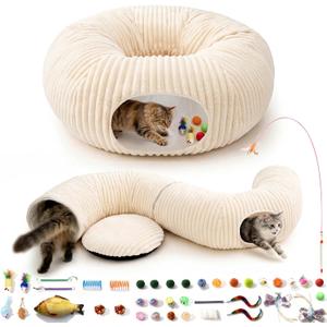 Cat Tunnel Bed with 40 Pcs Interactive Cat Toys, Cat Tube with Kitten Toys for Indoor Kittens, Collapsible Play Tunnel, White