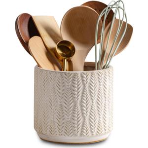 Utensil Holder Rustic Farmhouse Ceramic Utensil Crock for Countertop 5.3-Inch Handcrafted Kitchen Cooking Utensil Crocks with Cork Base Kitchen Decor Utensil Caddy(Pure White)