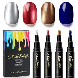Nail Polish Pen Set 4 Colors | Silvery Red Brown Blue | Quick Dry Nail Art Pens | No UV Lamp Needed | Water Based Nail Art Paint | Easy Control Brush Tip for Women DIY Manicure | 5ML Each