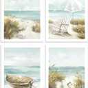 Color Play Coastal Wall Art Beach Prints: Unframed Ocean Seascape Picture Boat Seagull Grass Chair Umbrella Artwork for Home Decor, Set of 4