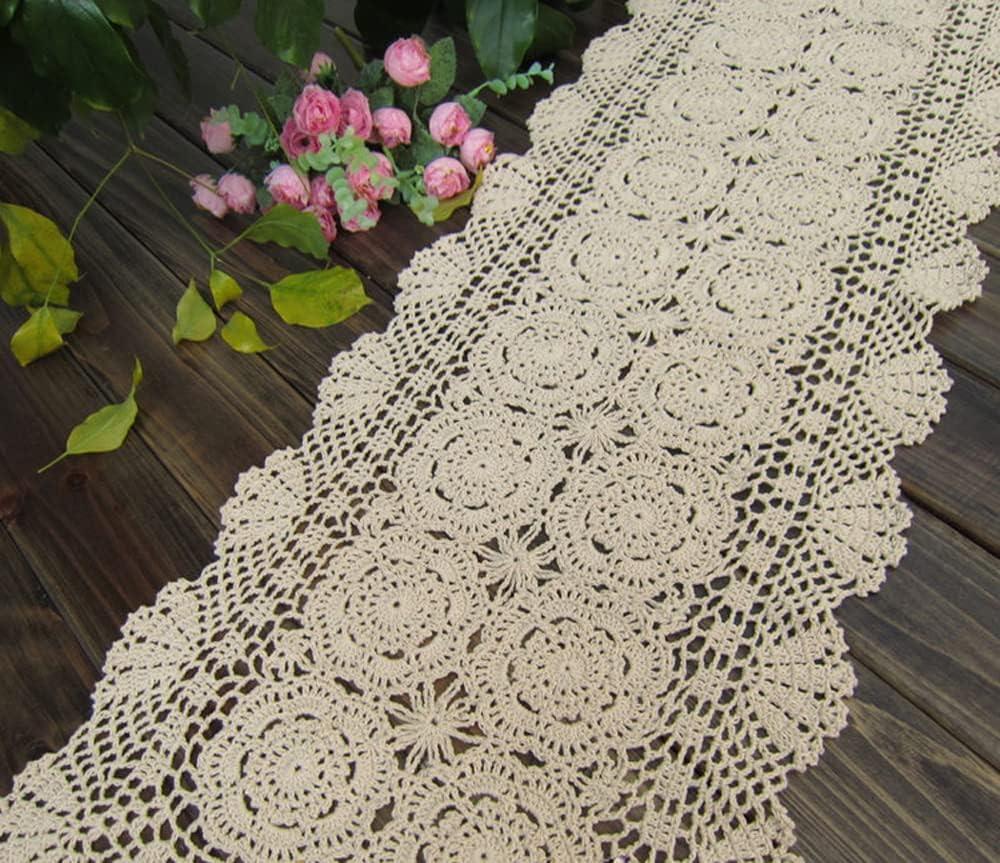 Cotton Handmade Crochet lace Table Runners Rectangular Tablecloth Doilies Doily Table Dresser Scarf Decor, 15x47 inch, Beige