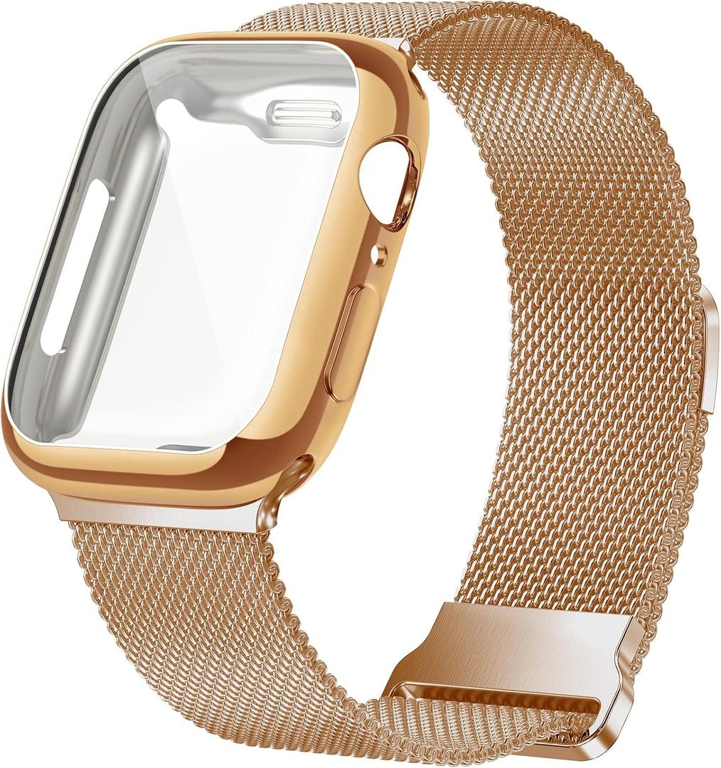 Geoumy Metal Magnetic Bands Compatible for Apple Watch Band 41mm with Case, Stainless Steel Milanese Mesh Loop Replacement Strap Compatible with iWatch Series 11-1 SE Women Men, Rose Gold