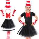 Kyson Cat Costume for Kids Tulle Tutu Skirt Red And White Striped Gloves Bowtie Long Tail For Halloween 100th Days of School (Classic), One SIze