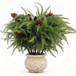 12PCS Norfolk Pine Stems, Christmas Greenery Stems - Artificial Faux Norfolk Pine Branches with Big Pinecones, Real Touch Evergreen Greenery for DIY Crafts, Indoor Outdoor Home Garden Vase Table Decor