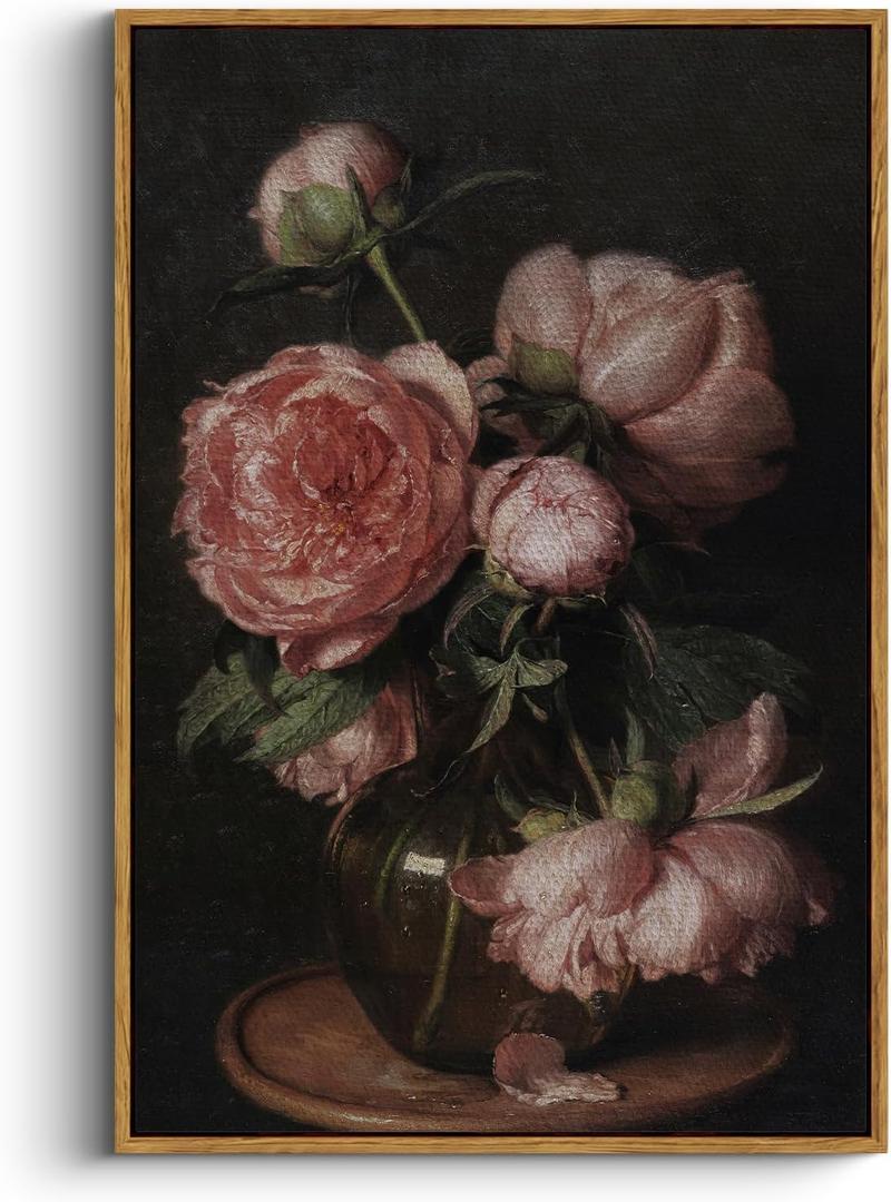 InSimSea Framed Canvas Prints Art Vintage Decor, Botanical Canvas Wall Art Decor for Bedroom, Framed Floral Prints for Living Room, French Country Wall Decoration, 24"x36" (36L" x 24W", Peony)