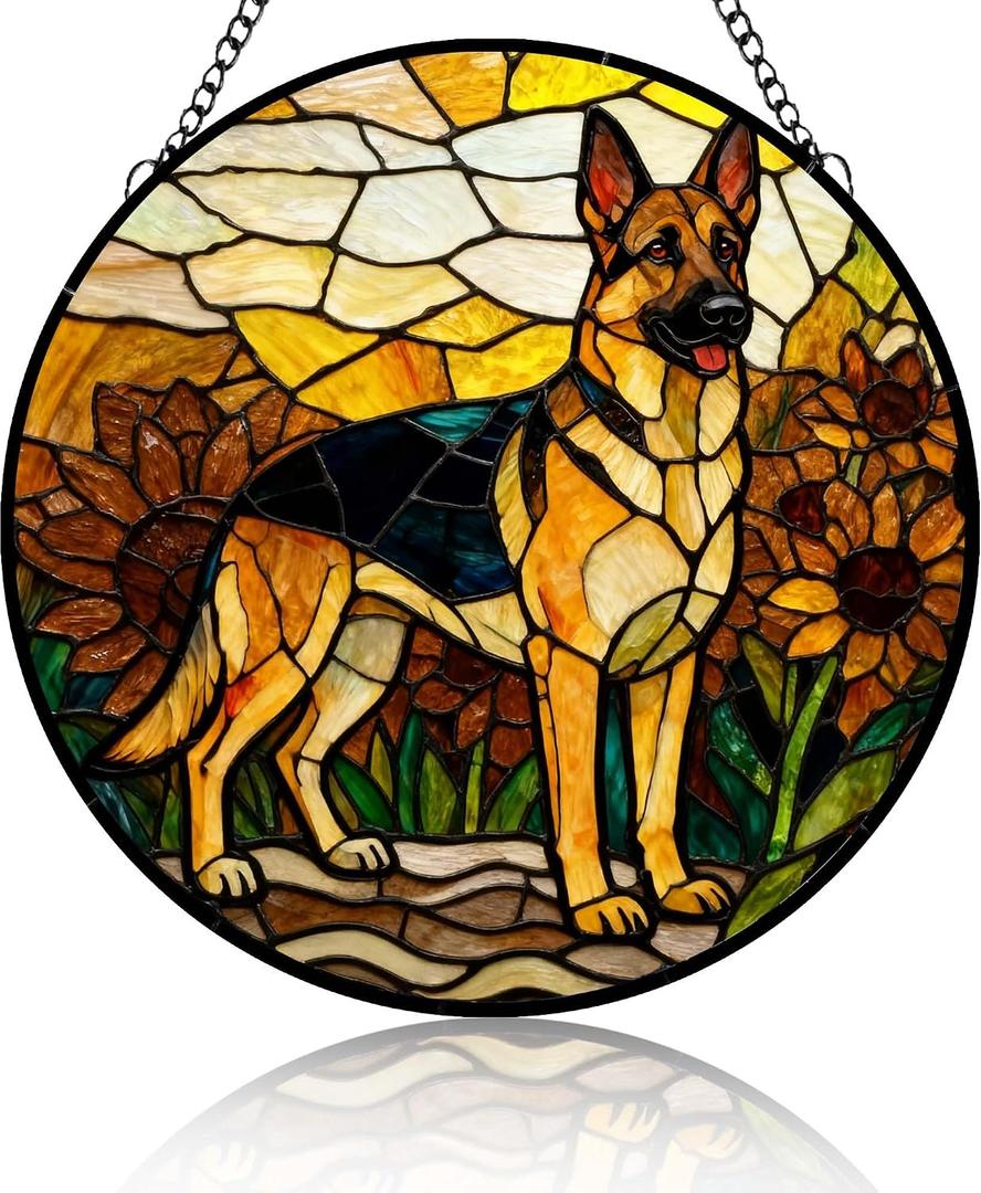 Stained Glass Suncatcher German Shepherd Among Sunflowers Handmade Window Hangings Colored Glass Suncatcher for Indoor Garden Christmas Home Decor Gift for Pet Dog Lover Memorial 6.3in
