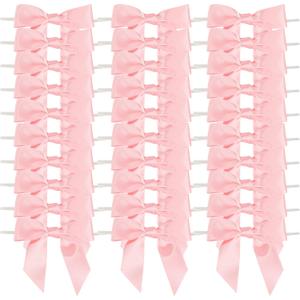 AIMUDI Baby Pink Satin Ribbon Twist Tie Bows 3.5" Light Pink Pretied Bows Premade Craft Bows for Treat Bags Cake Pop Gift Wrapping Basket Wedding Favors Cookie Candy Bagging Baby Shower - 50 Counts