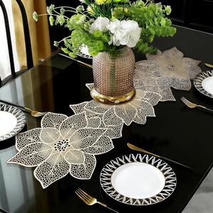 FAVE Gold Table Runner 36 Inches Flower Shaped Dining Table Runner Waterproof Washable for Wedding Banquet Birthday Party Restaurant Decor and Daily Ues(Gold Flower Shaped)