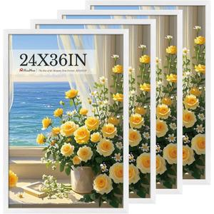 24x36 Poster Frame 4 Pack, Textured White Solid Wood Picture Frame, Wall Hanging
