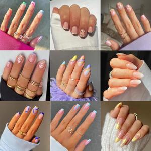 Jsiallye 9 Packs Press on Nails Short,Flower French Press on Nails Square And Almond,Gradient Glue on Nails for Girl Nail Art, 12 Size of Fake Nails - 9 Styles Nail Kits