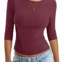 Eachyes Womens 3/4 Length Sleeve Boat Neck Tops Casual Slim Fit T-Shirts Basic Tees Spring Summer Outfits Clothes (Red, S)
