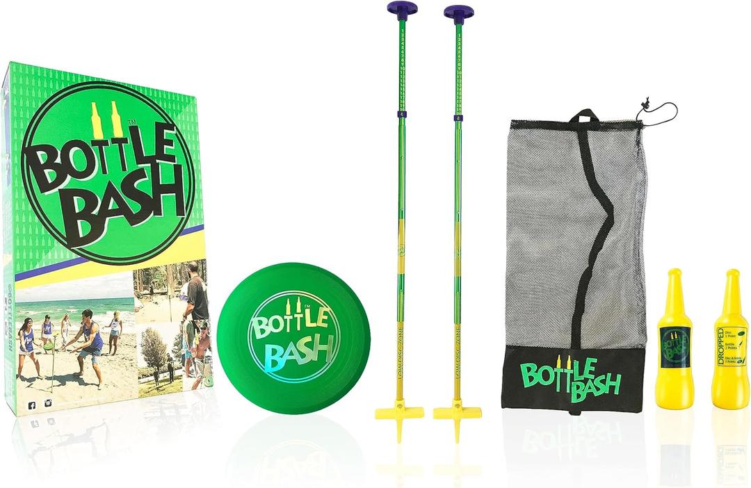 Bottle Bash Outdoor Flying Disc Game Set  Frisbee Toss Backyard and Beach Game for Family, Adult & Kids - Beersbee & Polish Horseshoes (Green - Original)