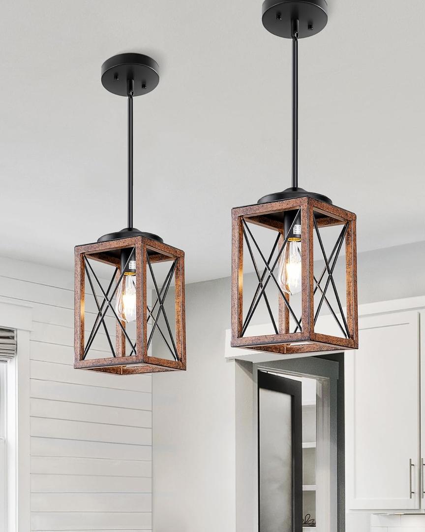 DEWENWILS 2 Pack Farmhouse Pendant Light, Metal Hanging Light Fixture with Wooden Grain Finish, 48 Inch Adjustable Pipes for Flat and Slop Ceiling, Kitchen Island, Bedroom, Dining Hall, ETL Listed
