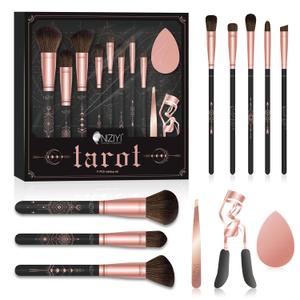 Makeup Brushes, NIZIYI Professional 11 Pcs Makeup Brush Set Premium Synthetic Foundation Highlight Powder Concealers Eyeshadow Blush Brow Brush Sponge Tweezers Eyelash Curler Make Up Brush Gift Kit, Pack of 2 