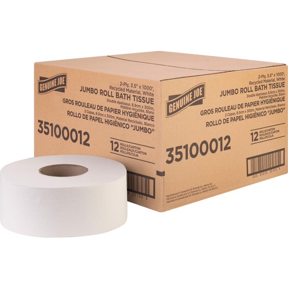 Genuine Joe Jumbo Roll Bath Tissue, 3.3" x 1000', 2-Ply, Natural, 12 Count