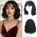 Black Wig With Bangs Bob Synthetic Curly Wigs Natural Shoulder Length Wig 12 inch for Women Girls Daily Use Colorful Wigs