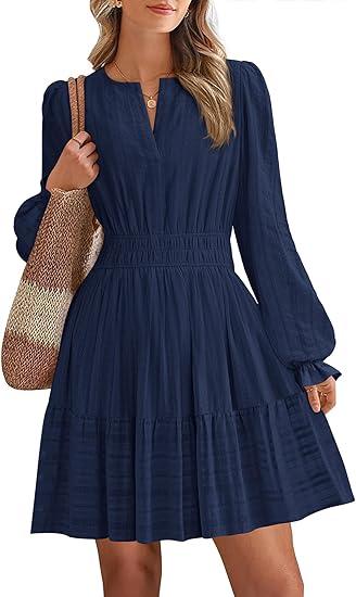 BTFBM Mini Dresses for Women 2026 Casual Lightweight Long Sleeve V Neck A Line Elastic Waist Party Holiday Dress Large