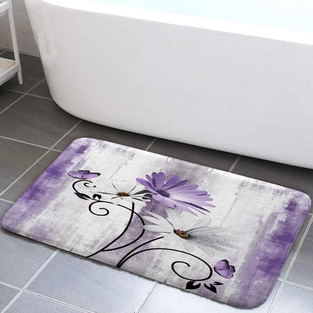 Rustic Farmhouse Bath Mat, Farm Purple Daisy Floral Flowers Butterfly Country Wooden Bath Rug for Bathroom, Grey White Bath Mat Soft Non Slip Bath Rugs, 19X31IN (1'7" x 2'7" (Rectangular))